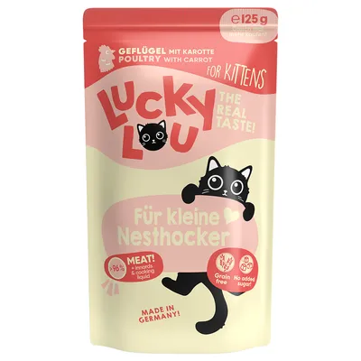 Lucky Lou Für kleine Nesthocker, volaille avec carotte pour chatons, 125 g, plus de 96 % viande, sans céréales, sans sucre ajouté, fabriqué en Allemagne. Texte partiellement en anglais/allemand.