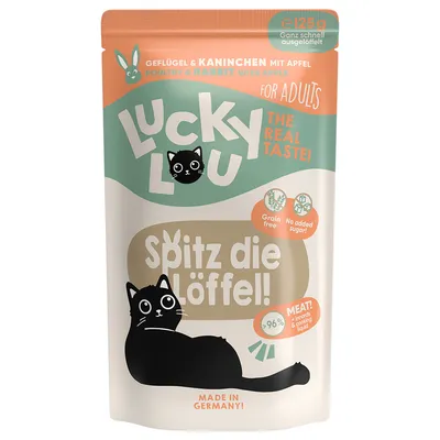 Lucky Lou kattmat för vuxna, 125 g. Geflügel & Kaninchen mit Apfel. Spannmål- och sockerfri, 96 % kött och inälvor. Tillverkad i Tyskland. Synlig text på engelska och tyska.