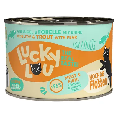 Lucky Lou fågel & forell med päron, för vuxna katter. >96 % kött & fisk, Made in Germany, 200 g burk.