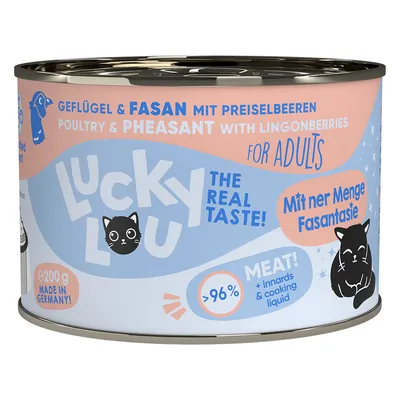 Lucky Lou fågel & fasan med tranbär, för vuxna katter. Tillverkad i Tyskland, 200g burk, >96% köttandel inklusive inälvor och kokvätska.