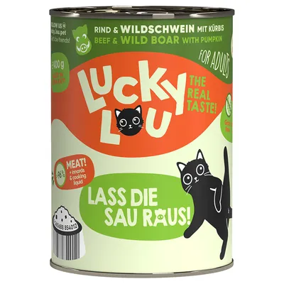 Lucky Lou kattmat, nöt & vildsvin med pumpa, för vuxna, 400g, Made in Germany, 96% köttandel, spannmålsfri.