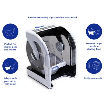 Futterstation mit Portionenschutz-Clips, ideal für kleine Haustiere und Kätzchen. Verhindert Futterdiebstahl durch grössere Tiere, passt sich dem Wachstum an, leicht abnehmbar.