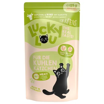Lucky Lou pour chatons, volaille et bœuf avec carotte, 125 g. Texte visible : Grain free, No added sugar, Meat! 96 % innards & cooking liquid, Made in Germany. Emballage en anglais/allemand.