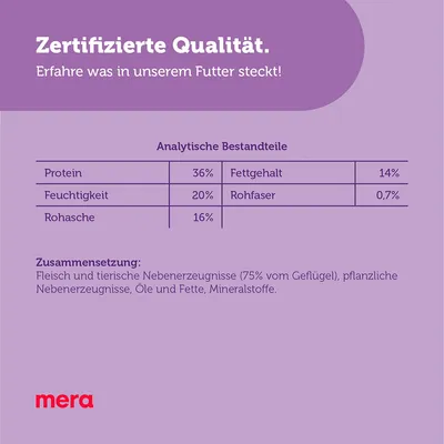 Zertifizierte Qualität. Analytische Bestandteile: Protein 36%, Fettgehalt 14%, Feuchtigkeit 20%, Rohfaser 0,7%, Rohasche 16%. Zusammensetzung: Fleisch, pflanzliche Zutaten, Mineralstoffe.