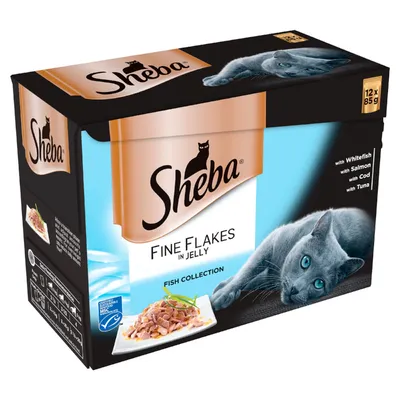 Sheba Fine Flakes in Jelly Fish Collection, 12 x 85g. Visible text: with Whitefish, with Salmon, with Cod, with Tuna. Image of grey cat and plate of fish flakes on packaging.