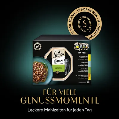 Sheba Sauce Collection macskaeledel válogatás, 12×85 g. Látható ízek: csirke, pisztráng, nyúl, pulyka. Felirat: Für viele Genussmomente. Leckere Mahlzeiten für jeden Tag.