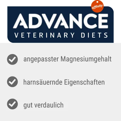 Advance Veterinary Diets von Affinity. Angepasster Magnesiumgehalt, harnsäuernde Eigenschaften, gut verdaulich.
