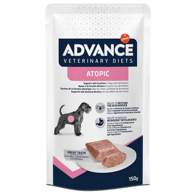 Advance Veterinary Diets Atopic, 150g. Podporuje funkci kůže u psů s dermatitidou. Pomáhá obnovit kožní bariéru a snižovat nesnášenlivost složek.