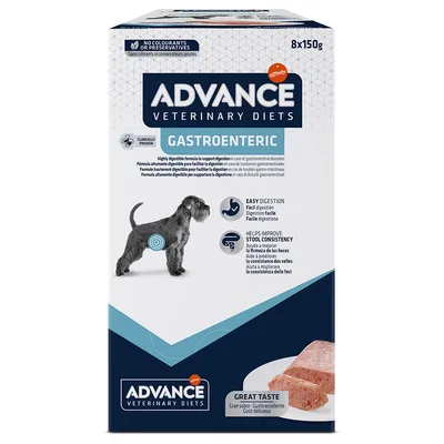 Advance Veterinary Diets Gastroenteric natvoer voor honden, licht verteerbaar, ondersteunt de spijsvertering en verbetert de ontlasting. Verpakkingsgrootte: 8x150g.
