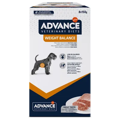Advance Veterinary Diets Weight Balance, 8x150g. Malo kalorij, visoka vsebnost vlaknin za občutek sitosti. Brez barvil ali konzervansov. Odličen okus.
