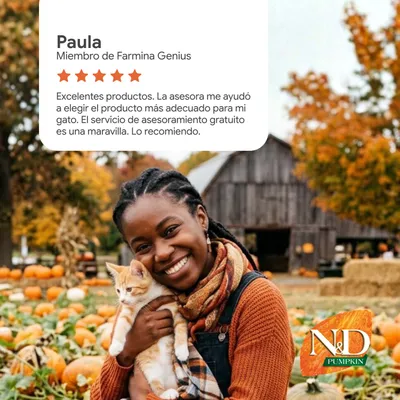 Reseña de cliente de Paula, miembro de Farmina Genius: Muy buen asesoramiento, le ayudó a encontrar el producto adecuado para su gato. Se recomienda el servicio gratuito. Cinco estrellas. Reseña de cliente de Paula, miembro de Farmina Genius: Muy buen asesoramiento, le ayudó a encontrar el producto adecuado para su gato. Se recomienda el servicio gratuito. Cinco estrellas.