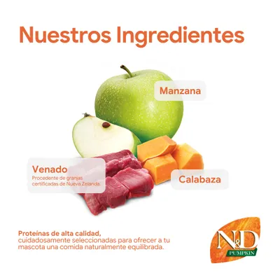 N&D Pumpkin: Ingredientes manzana, calabaza, carne de ciervo de granjas certificadas de Nueva Zelanda. Proteínas de alta calidad para una alimentación equilibrada para mascotas. N&D Pumpkin: Ingredientes manzana, calabaza, carne de ciervo de granjas certificadas de Nueva Zelanda. Proteínas de alta calidad para una alimentación equilibrada para mascotas.