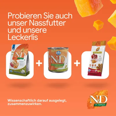 Probieren Sie auch unser Nassfutter und unsere Leckerlis. Wissenschaftlich darauf ausgelegt, zusammenzuwirken. Abgebildet: N&D Pumpkin Trockenfutter, Nassfutter, Dental Treat. Probieren Sie auch unser Nassfutter und unsere Leckerlis. Wissenschaftlich darauf ausgelegt, zusammenzuwirken. Abgebildet: N&D Pumpkin Trockenfutter, Nassfutter, Dental Treat.