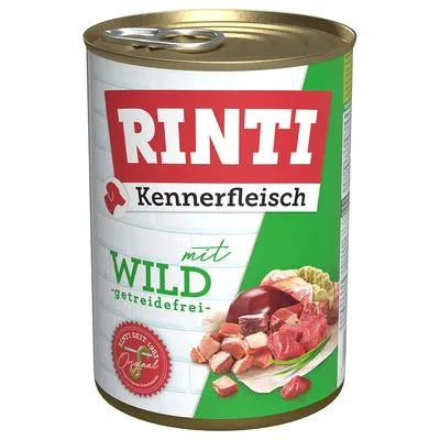 RINTI Kennerfleisch mit Wild, getreidefrei. Blik met afbeelding van vleesstukken en groente. Tekst in het Duits zichtbaar op de verpakking.