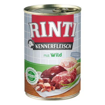 Scatoletta Rinti Kennerfleisch mit Wild, visibili pezzi di carne e fegato su etichetta. Testo: 'Getreidefrei', 'Fleisch pur', 'Zusammensetzung verfeinert'.
