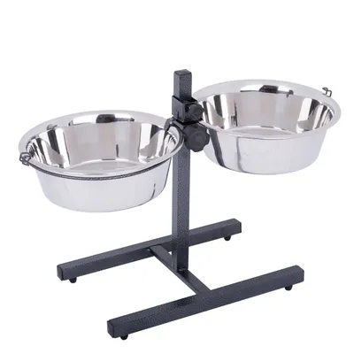 Deux gamelles en métal inoxydable sur support réglable en hauteur, structure noire en métal, pour animaux. Les bols sont ronds et amovibles.