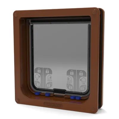 Brown pet door with four-way locking system showing options for in, out, both directions, and locked, indicated by icons at the bottom of the flap.