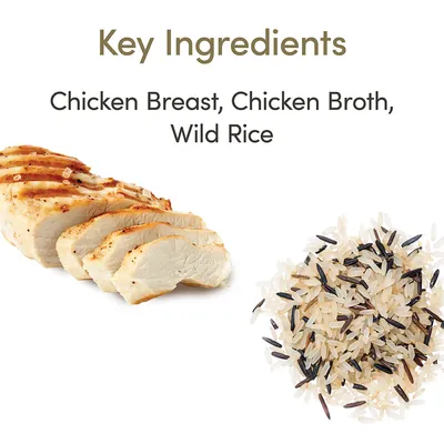 Teksti englanniksi: Key Ingredients. Chicken Breast, Chicken Broth, Wild Rice. Kuvassa viipaloitua kananrintaa ja villiriisiä.