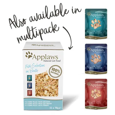 Applaws Natural Cat Food Fish Selection in Broth multipakkaus: 4 x Tuna Fillet with Anchovy, 4 x Tuna Fillet with Sea Bream, 4 x Tuna Fillet with Prawn, 12 x 70 g. 100% natural.