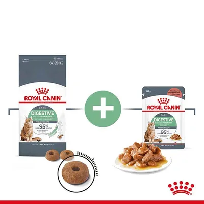 Royal Canin Digestive Care суха и консервирана храна за котки, опаковки с изображение на котка и текст: 95 % stool quality, плюс снимки на гранули и парченца в сос.