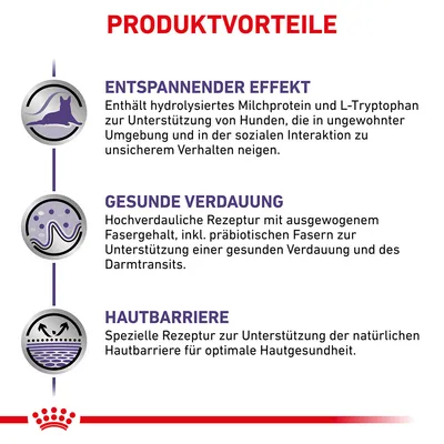 Produktvorteile: Entspannender Effekt, gesunde Verdauung und Hautbarriere. Unterstützt Verhalten, Verdauungstransit und Hautgesundheit durch spezielle Rezepturen.