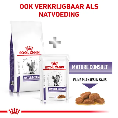 Royal Canin Expert Mature Consult droog- en natvoer voor katten, tekst: ook verkrijgbaar als natvoeding, mature consult, fijne plakjes in saus.