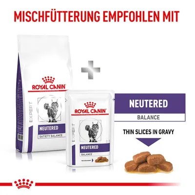 Royal Canin Expert Neutered Satiety Balance Trockenfutter und Neutered Balance Nassfutter. Mischfütterung empfohlen mit dünnen Scheiben in Sosse.