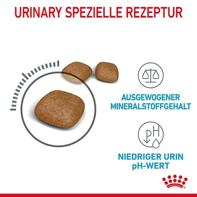 Croquettes avec texte en allemand : URINARY SPEZIELLE REZEPTUR, AUSGEWOGENER MINERALSTOFFGEHALT, NIEDRIGER URIN pH-WERT. Illustrations d’équilibre et de pH.