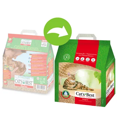 Cat's Best kattsand Original av växtfibrer, klumpbildande och komposterbar. Förpackning med grön design och katt avbildad. Europas nr 1 kattsand.
