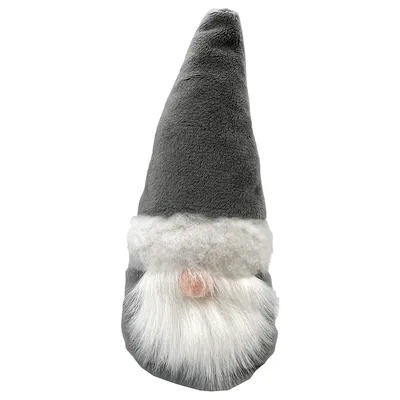 Giocattolo in peluche a forma di Babbo Natale grigio con barba bianca e naso rosa.