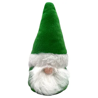 Giocattolo per animali a forma di gnomo con cappello verde, barba bianca e naso rosa, realizzato in tessuto morbido.
