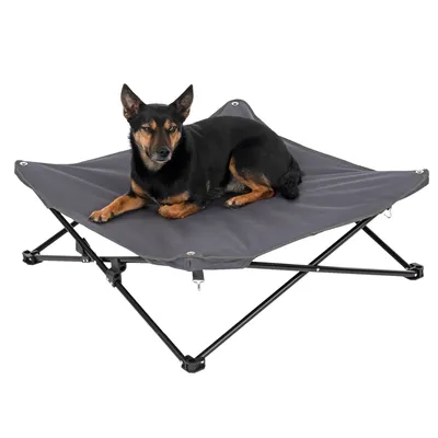 Erhöhtes Hundebett mit schwarzem Metallrahmen und grauer Liegefläche, geeignet für Komfort und Belüftung.