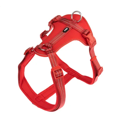 Rødt hundesele med reflekterende striber, justerbare stropper og metalring til snoren. Mærke: Fida.