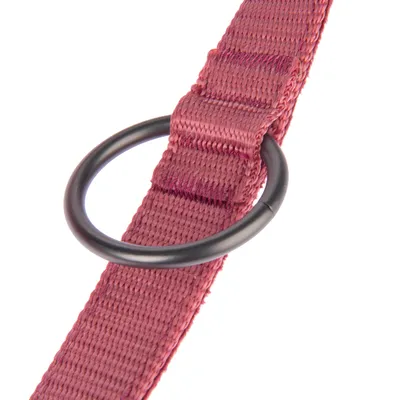 Close-up van een rood nylon band met zwarte metalen ring, geschikt voor halsbanden of tuigjes.