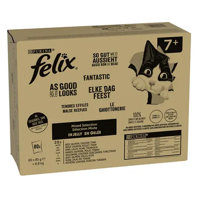 Purina Felix As Good As It Looks, Mixed Selection in Gelee, für Katzen ab 7 Jahren. 80x85g Packung, ohne künstliche Farbstoffe, mit Vitaminen und Omega-6. Komplett und ausgewogen.