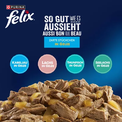 Purina Felix So gut wie es aussieht. Zarte Stückchen in Gelee: Kabeljau, Lachs, Thunfisch, Seelachs in Gelee. Purina Felix So gut wie es aussieht. Zarte Stückchen in Gelee: Kabeljau, Lachs, Thunfisch, Seelachs in Gelee.