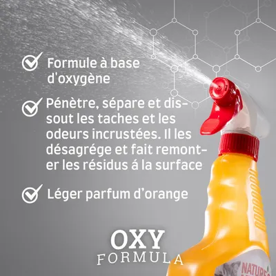 OXY FORMULA : Formule à base d’oxygène, pénètre les taches et les odeurs, dissout les résidus, léger parfum d’orange.