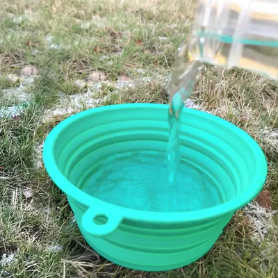Green foldable silicone bowl, can be filled with water. Suitable for travel or outdoor activities.