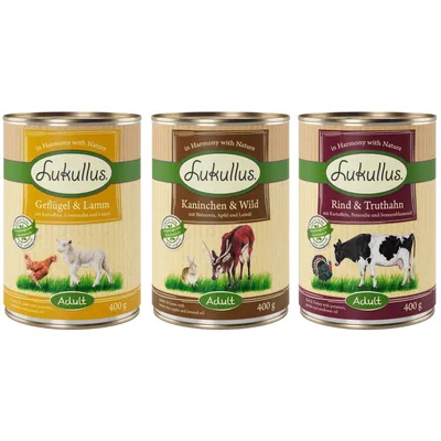 Lukullus Adult konzerv 400 g: Geflügel & Lamm, Kaninchen & Wild, Rind & Truthahn. Feliratok német nyelven, mindhárom doboz elölről látható.