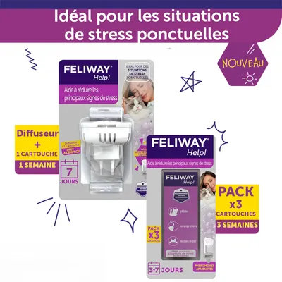 FELIWAY Help! Aide à réduire les principaux signes de stress. Diffuseur + 1 cartouche 1 semaine, pack x3 cartouches 3 semaines. Phéromones apaisantes. Idéal pour situations de stress ponctuelles.