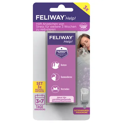 Feliway Help! zestaw z 3 wkładami, pomaga redukować objawy stresu, takie jak drapanie, znakowanie moczem i chowanie się przez kolejne 3 tygodnie. Idealny na tymczasowe sytuacje stresowe.