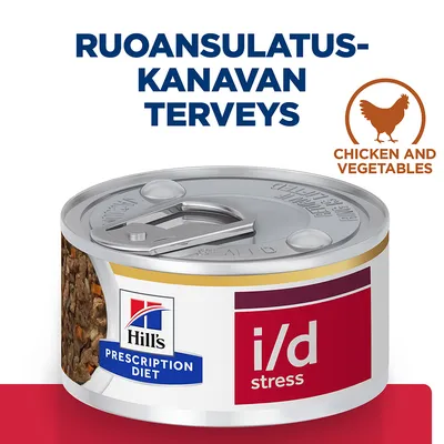 Hill's Prescription Diet i/d stress -kana ja vihannekset, ruoansulatuskanavan terveys. Teksti: CHICKEN AND VEGETABLES. Purkkiruoka näkyvissä.