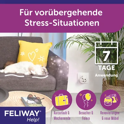 Feliway Help! Für vorübergehende Stress-Situationen. 7 Tage Anwendung. Geeignet für Kurzurlaub, Besucher, Feiern, Renovierungen und neue Möbel.