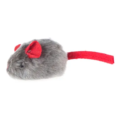 Giocattolo in peluche grigio a forma di topo con orecchie in feltro rosse e coda rossa.