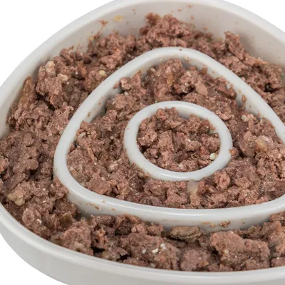 Close-up of wet food in a white anti-gulp bowl with spiral design for slow feeding.