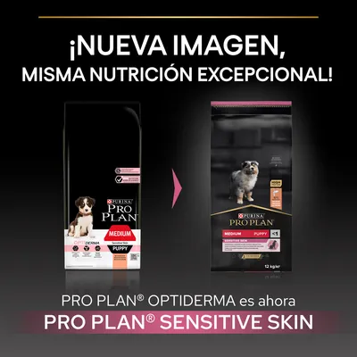 Cambio de imagen: PRO PLAN OPTIDERMA ahora es PRO PLAN SENSITIVE SKIN. Mismo producto para cachorros medianos, nueva presentación en el envase. Texto visible en español e inglés.