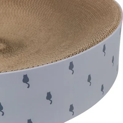 Ronde krabpaal van karton met witte buitenrand, bedrukt met grijze kattenfiguren. Materiaal: karton.