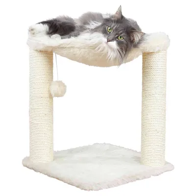 Cat tree with two sisal posts, soft lying surface and play ball. Cat is lying relaxed on the surface.