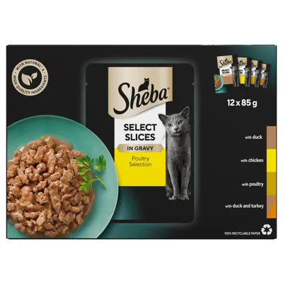 Sheba Select Slices in Gravy Poultry Selection, 12 x 85g pouches with duck, chicken, poultry, and duck and turkey. Contains natural high quality ingredients.