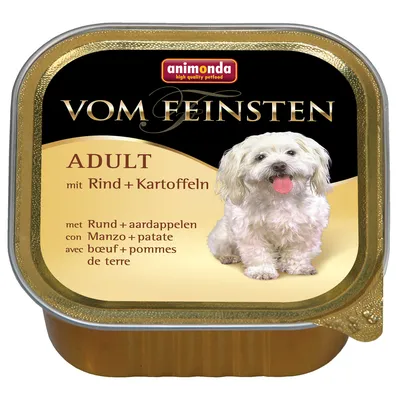 Embalagem de comida húmida para cão Animonda Vom Feinsten Adult, com texto visível: 'mit Rind + Kartoffeln', imagem de um cão pequeno e ingredientes em várias línguas.
